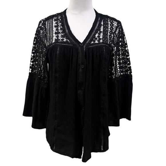 Paposon Tops - Black Lace V Neck Button Blouse Small Whimsigoth Fairy Grunge Office Boho Work
